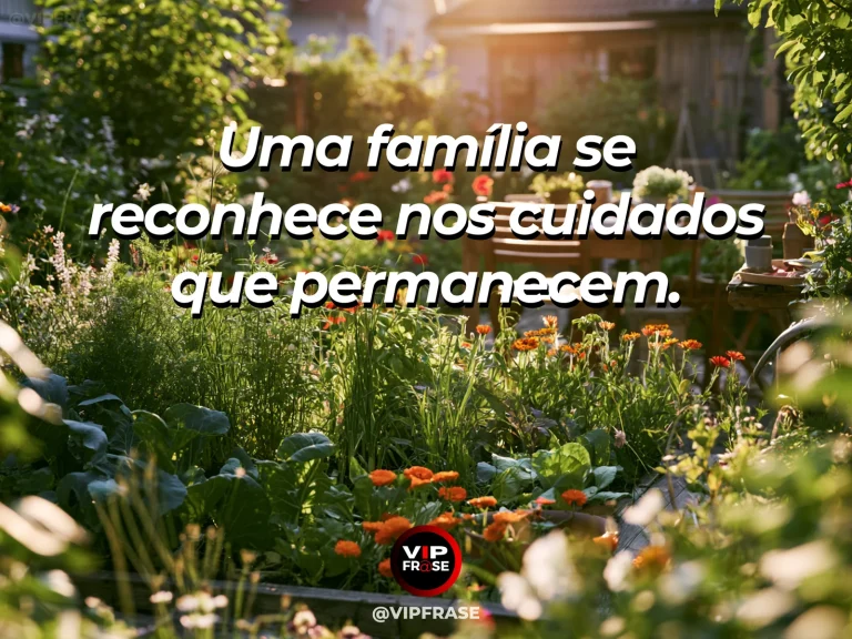 Arte com frase sobre família e afeto que ganha raizes, em cena de quintal ensolarado com árvores antigas e flores novas.