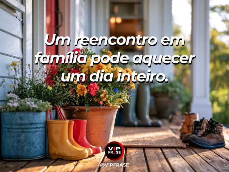 Mensagem sobre reencontro de família com abraço alegre junto ao portão.