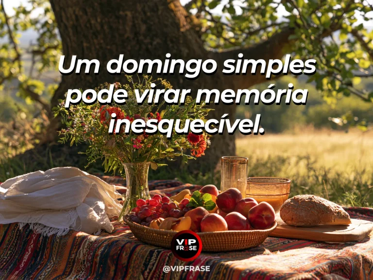 Frase sobre família e alegria sem roteiro, com piquenique familiar no gramado com frutas e flores ao sol.