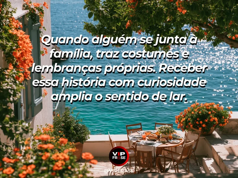 Frase sobre família e aprender a acolher novas histórias, com hall de casa claro com porta aberta, flores variadas e livros.