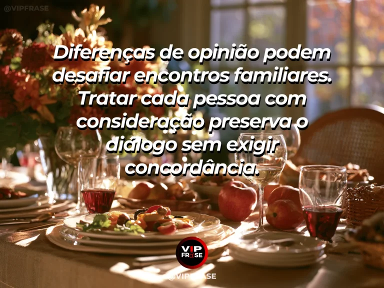 Mensagem sobre família e aprender a receber quem pensa diferente, com mesa de quintal com cadeiras variadas.