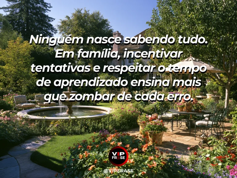 Mensagem sobre aprendizado em família com duas gerações cultivando planta.