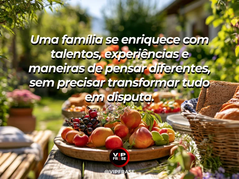 Arte com frase sobre família e celebrar o que cada um traz, em cena de mesa campestre com frutas e flores variadas.