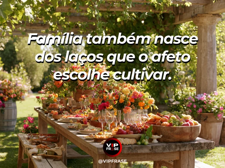 Mensagem sobre família formada pelo afeto em almoço alegre no jardim.