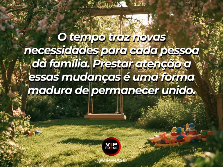 Frase sobre família e crescer sem deixar ninguém para trás, com trilha de jardim com árvores de tamanhos diferentes e casa ao fundo.