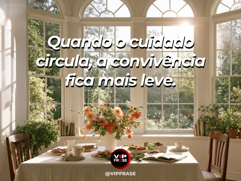 Arte com frase sobre família e cuidado compartilhado, em cena de mesa posta com pratos e jarro de flores ao sol.