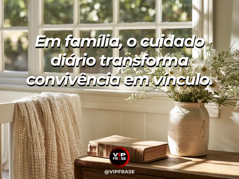 Mensagem sobre cuidado cotidiano em família com manta e janela ensolarada.