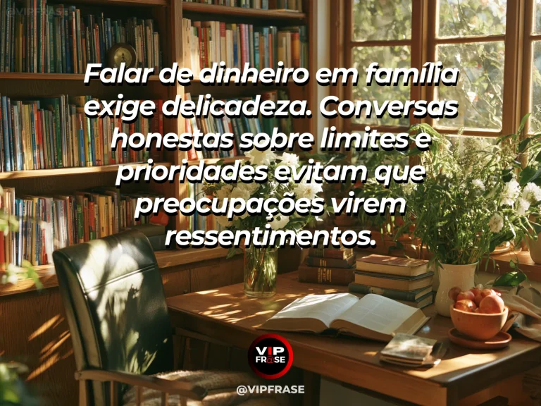 Mensagem sobre família e escolhas financeiras com transparência, com mesa com envelopes e calculadora sem visor legível.