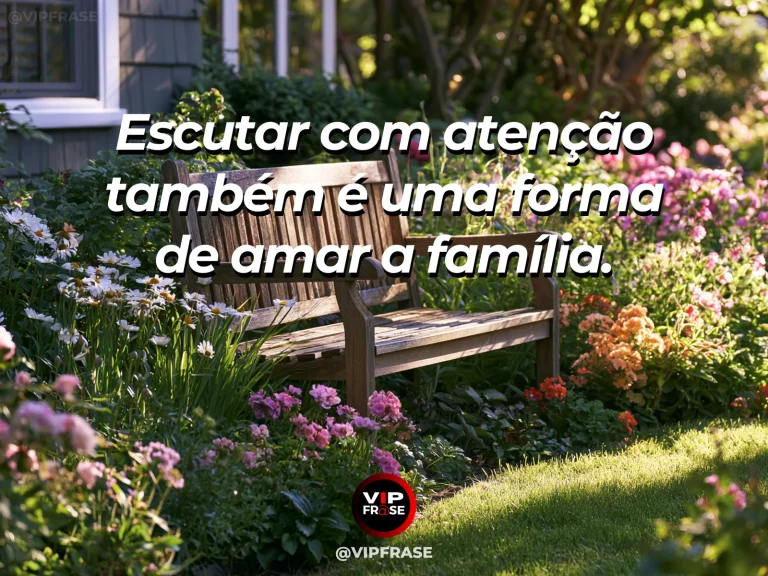Mensagem sobre escuta em família com conversa no jardim.