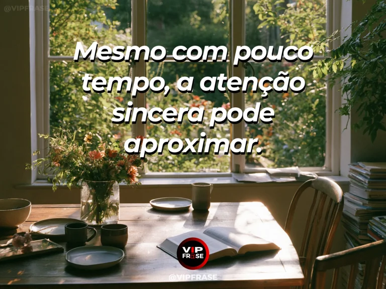 Mensagem sobre família e família é presença possível, com mesa pequena para café com duas canecas.