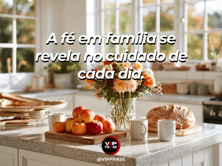Mensagem sobre fé em família com gestos de cuidado na cozinha.