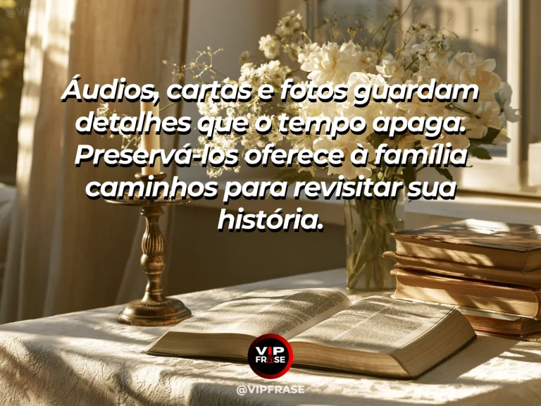 Mensagem sobre memórias familiares com cartas, fotos e gravador sobre mesa.
