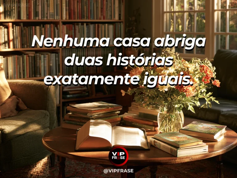Frase sobre família e lar de muitas histórias, com estante doméstica com livros variados e álbuns sobre mesa de madeira.