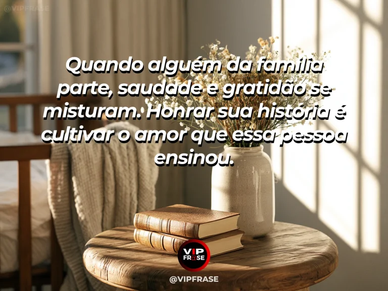 Mensagem sobre memória e luto familiar com banco sob árvore florida.