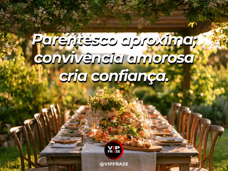 Frase sobre família e mais que semelhança, com mesa longa compartilhada entre cadeiras variadas num jardim.