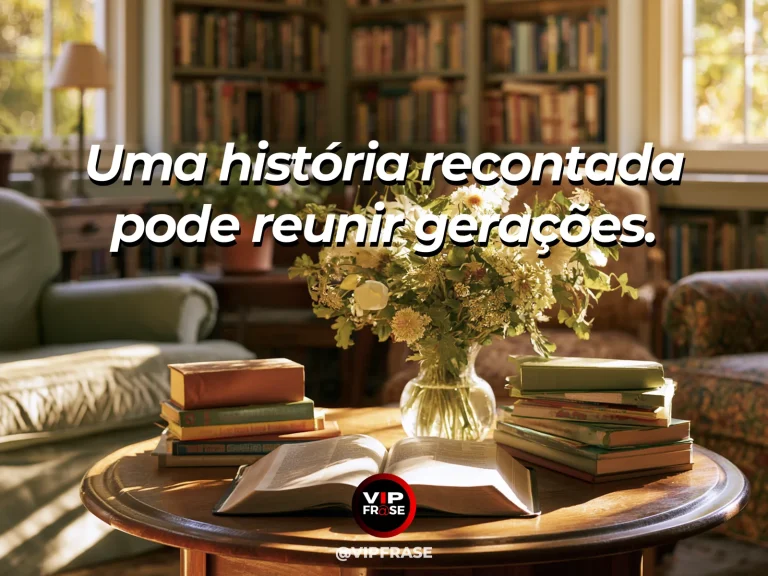 Arte com frase sobre família e memorias que aproximam, em cena de álbum antigo e flores ao lado de livros em mesa clara.
