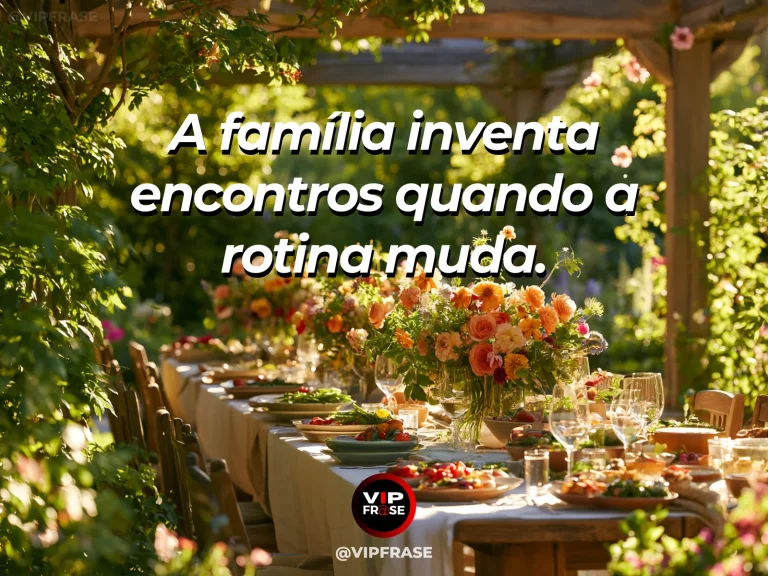 Frase sobre família e novos jeitos de reunir, com mesa ao ar livre com cadeiras variadas e flores alegres.