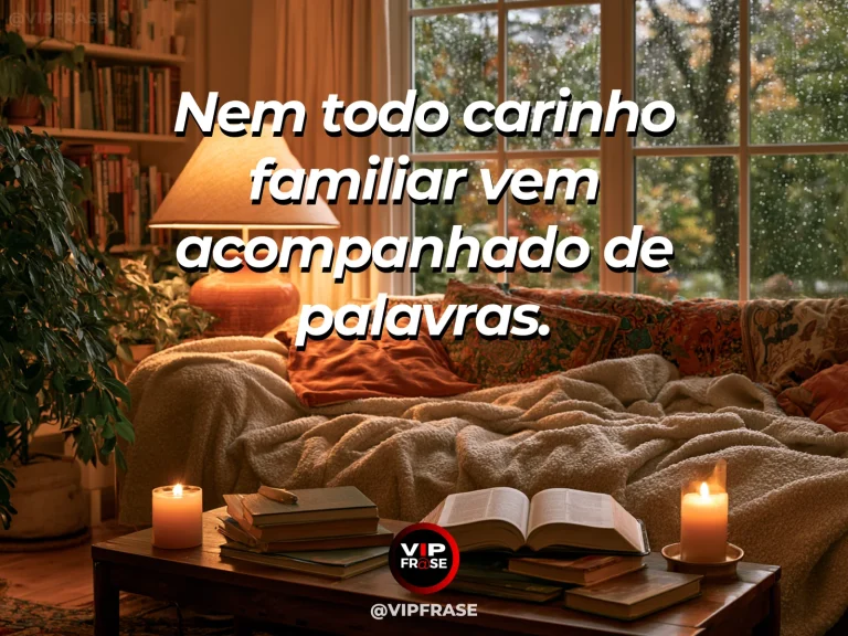 Frase sobre família e o afeto em outras línguas, com sofá aconchegante com manta dobrada e flores rosadas.