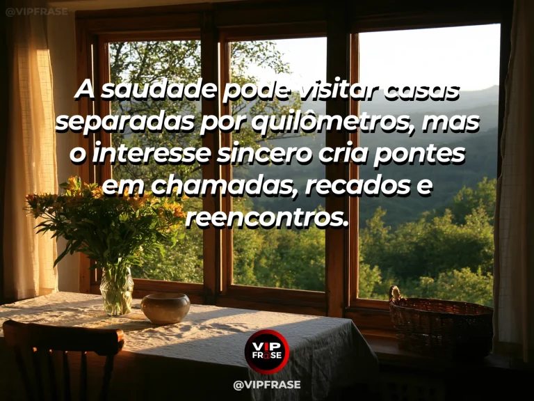 Arte com frase sobre família e o afeto que cruza a distancia, em cena de varanda com flores olhando para montanhas ao longe.