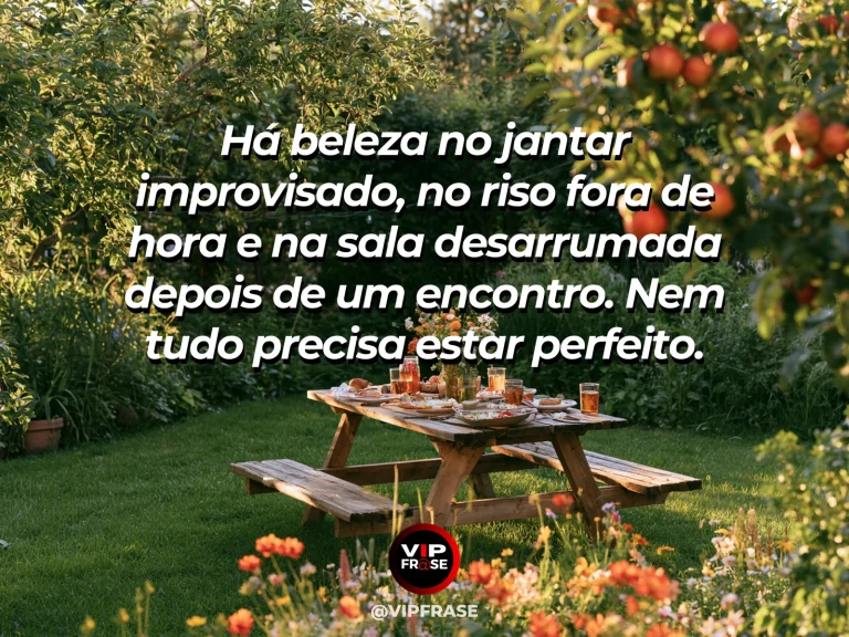 Frase sobre família e o amor nos detalhes imperfeitos, com sala doméstica após encontro, almofadas coloridas, flores e louças.