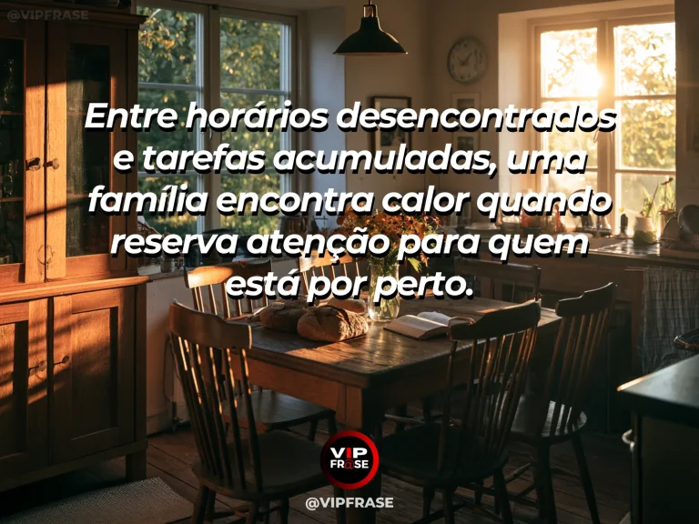 Arte com frase sobre família e o coracao de uma casa movimentada, em cena de cozinha familiar com mesa pronta e luz da manhã.