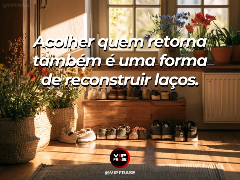 Mensagem sobre família e o cuidado depois de uma ausência, com alameda florida conduzindo a uma porta acolhedora.