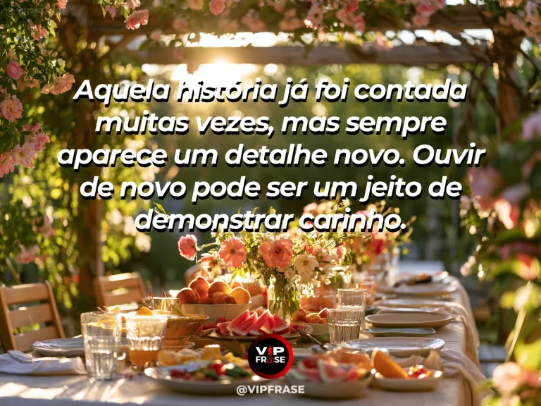 Mensagem sobre família e o encanto das histórias repetidas, com álbum antigo aberto com flores ao fundo.