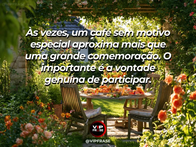 Frase sobre família e o encontro que não depende de calendário, com mesa de café informal sob árvores floridas ao amanhecer.