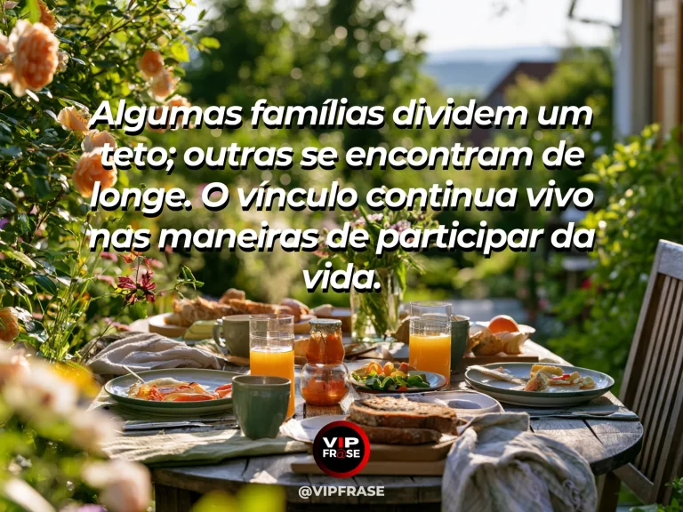 Arte com frase sobre família e o lar que cabe em outras formas, em cena de duas casas distantes entre colinas verdes no sol.