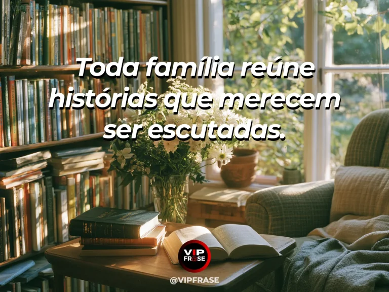 Mensagem sobre família e o lugar de cada história, com prateleira com álbuns e objetos de diferentes épocas.