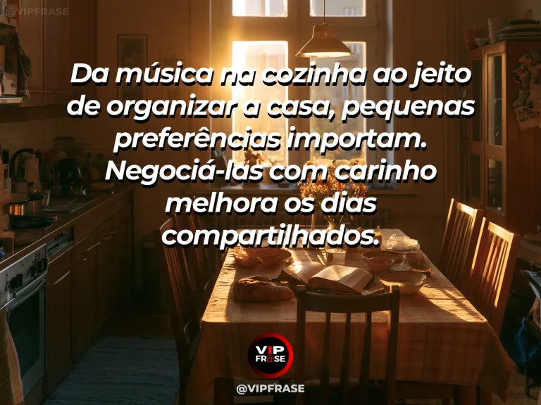 Mensagem sobre família e o respeito às pequenas preferências, com cozinha com objetos distintos organizados com carinho.