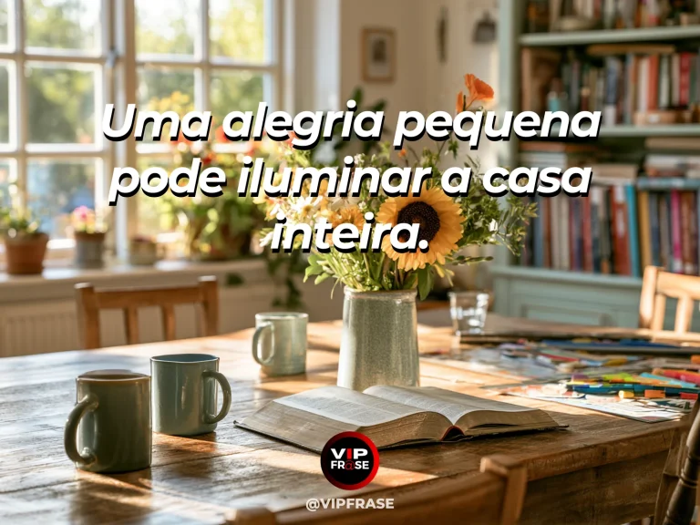 Arte com frase sobre família e o sorriso de casa, em cena de cozinha ensolarada com flores amarelas e frutas.