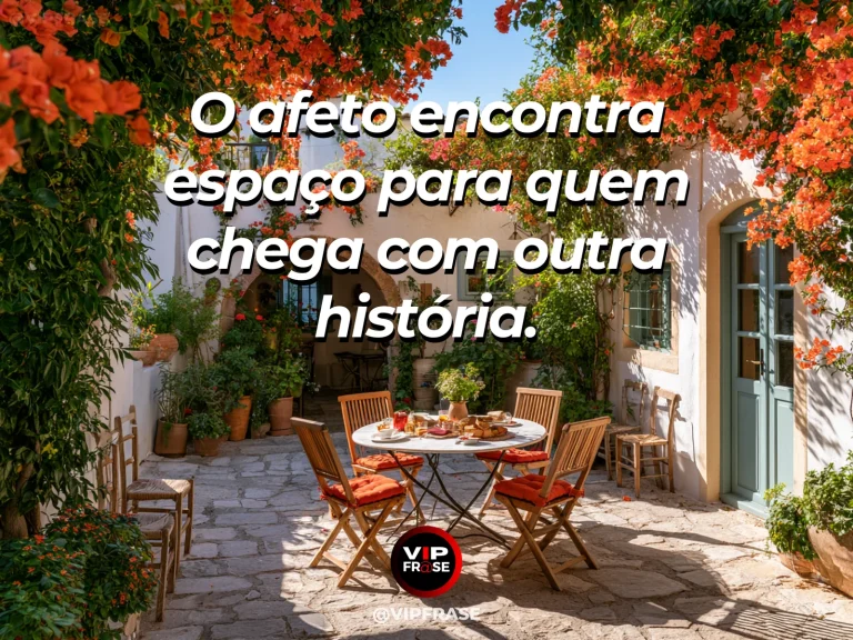 Mensagem sobre família e o valor de quem chega diferente, com portão entreaberto para quintal florido.