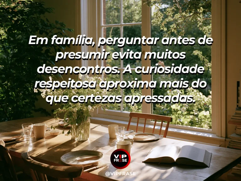 Frase sobre família e o valor de uma pergunta sincera, com mesa pequena junto a janela com duas canecas e flores claras.