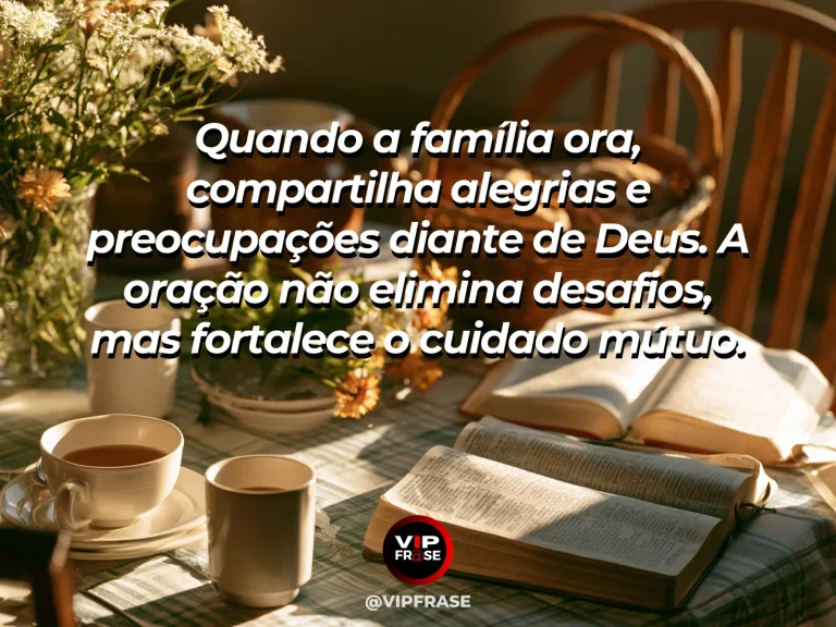 Mensagem sobre oração em família com pessoas reunidas à mesa.
