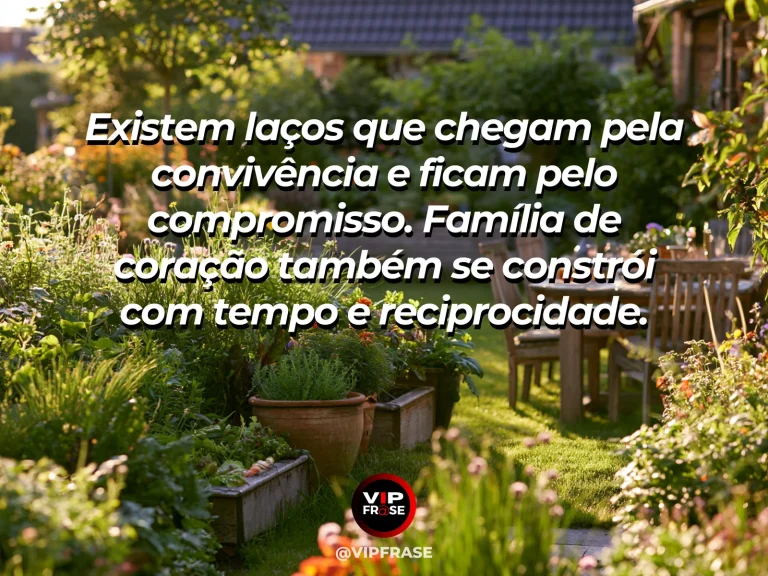 Frase sobre família e os vínculos feitos fora do sangue, com jardim com caminhos convergindo para uma mesa acolhedora.
