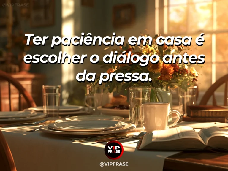 Mensagem sobre paciência familiar com chá na varanda ensolarada.