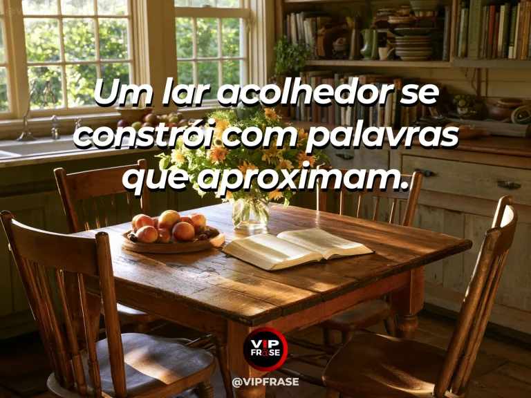 Mensagem sobre diálogo familiar em cozinha ensolarada com flores.