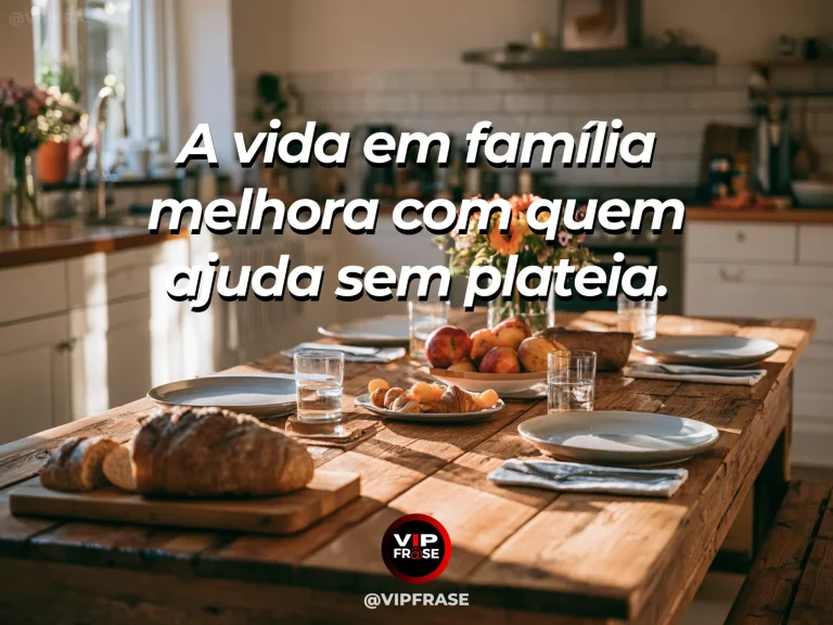 Frase sobre família e parceria sem holofotes, com cozinha rústica com pão recém feito e louças cuidadosamente arrumadas.