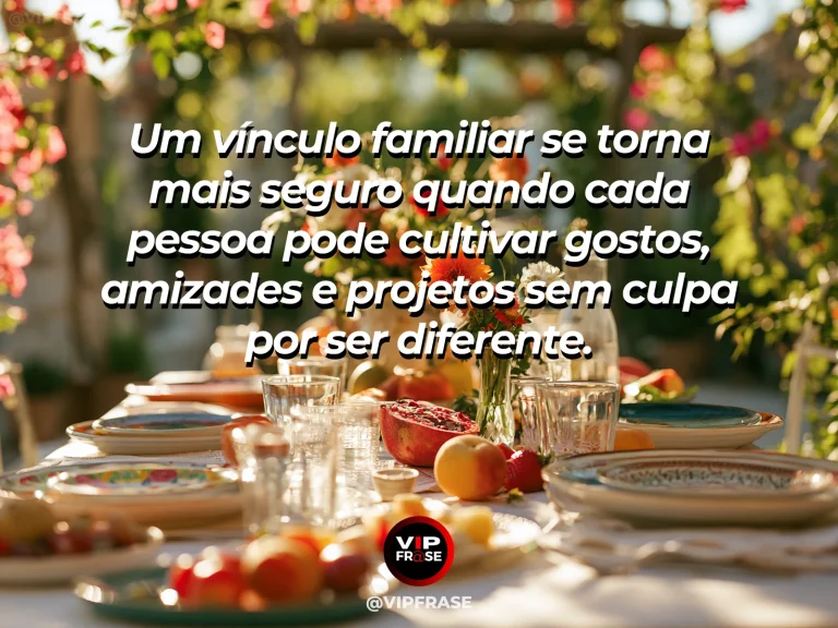 Arte com frase sobre família e pertencer sem perder a individualidade, em cena de vasos com flores de espécies diferentes em pátio claro.
