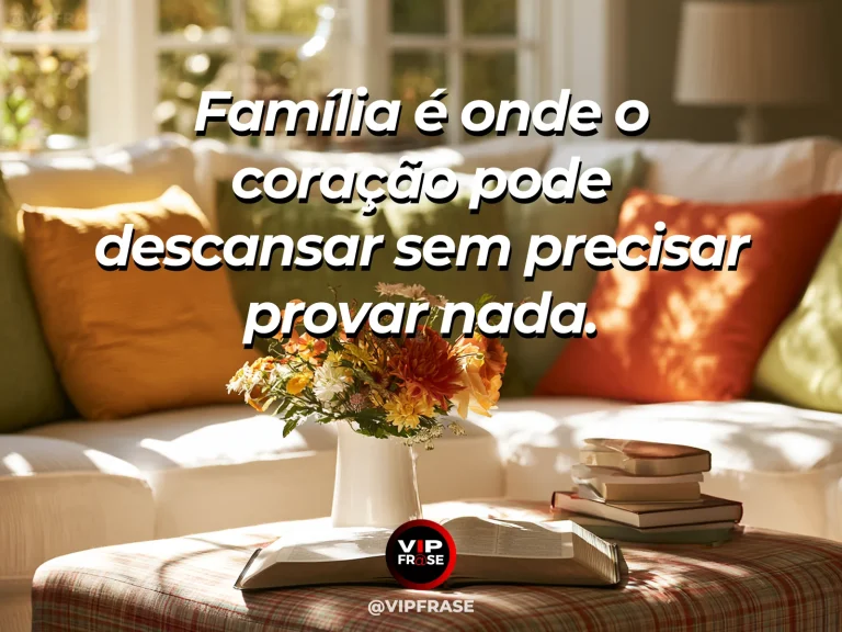 Mensagem de família sobre pertencimento em sala iluminada com pessoas reunidas.