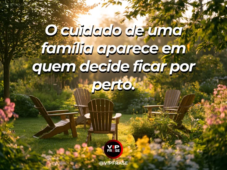 Mensagem de família sobre cuidado e presença, com mãos unidas em um jardim.