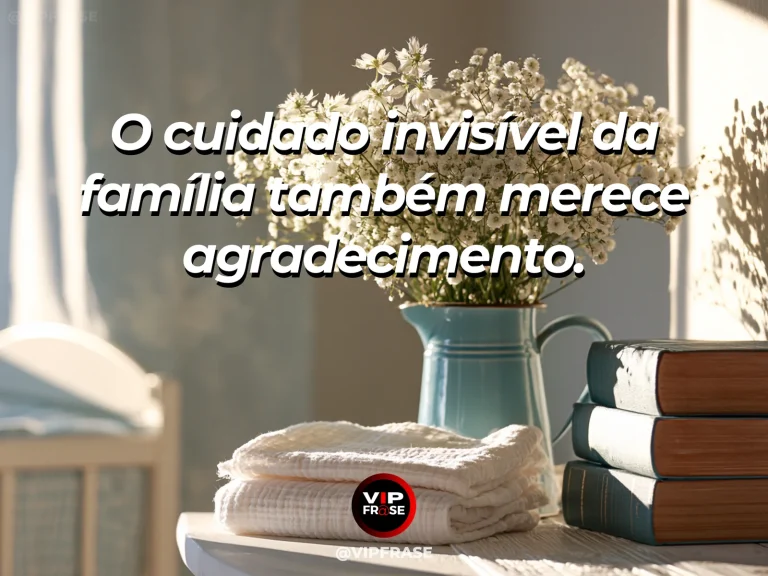 Mensagem de gratidão pelo cuidado invisível da família com roupas sendo dobradas.
