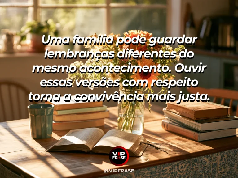 Mensagem sobre família e respeitar a história de cada pessoa, com caixa aberta de fotografias sobre mesa iluminada.
