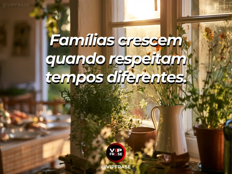 Arte com frase sobre família e ritmo de cada pessoa, em cena de canteiro com flores em fases diferentes de crescimento.