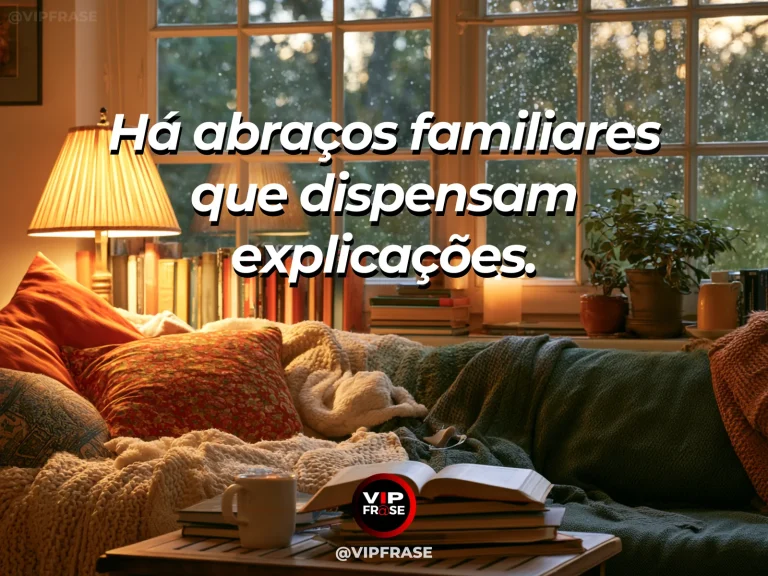 Arte com frase sobre família e um abraco de chegada, em cena de varanda acolhedora com mantas e flores ao pôr do sol.