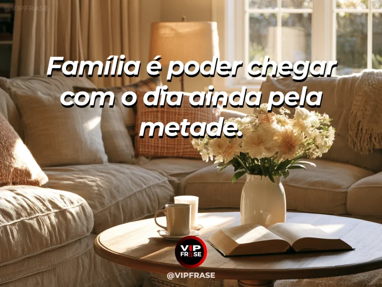 Frase sobre família e um lugar para ser inteiro, com sala luminosa com sofá acolhedor e manta de linho, flores vivas na janela.