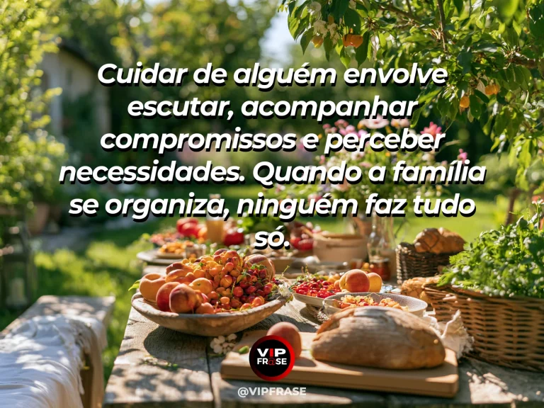 Mensagem sobre família e uma rede de apoio para o cotidiano, com cesta com frutas e chá sobre mesa grande.