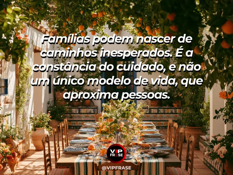Arte com frase sobre família e uma rede formada por diferentes historias, em cena de jardim com caminhos convergindo numa mesa acolhedora.