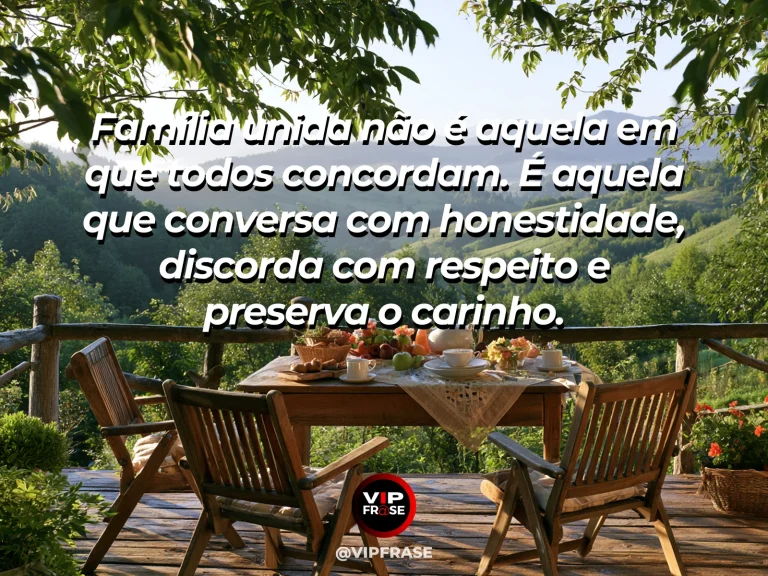 Mensagem sobre união familiar com roda de conversa no jardim.